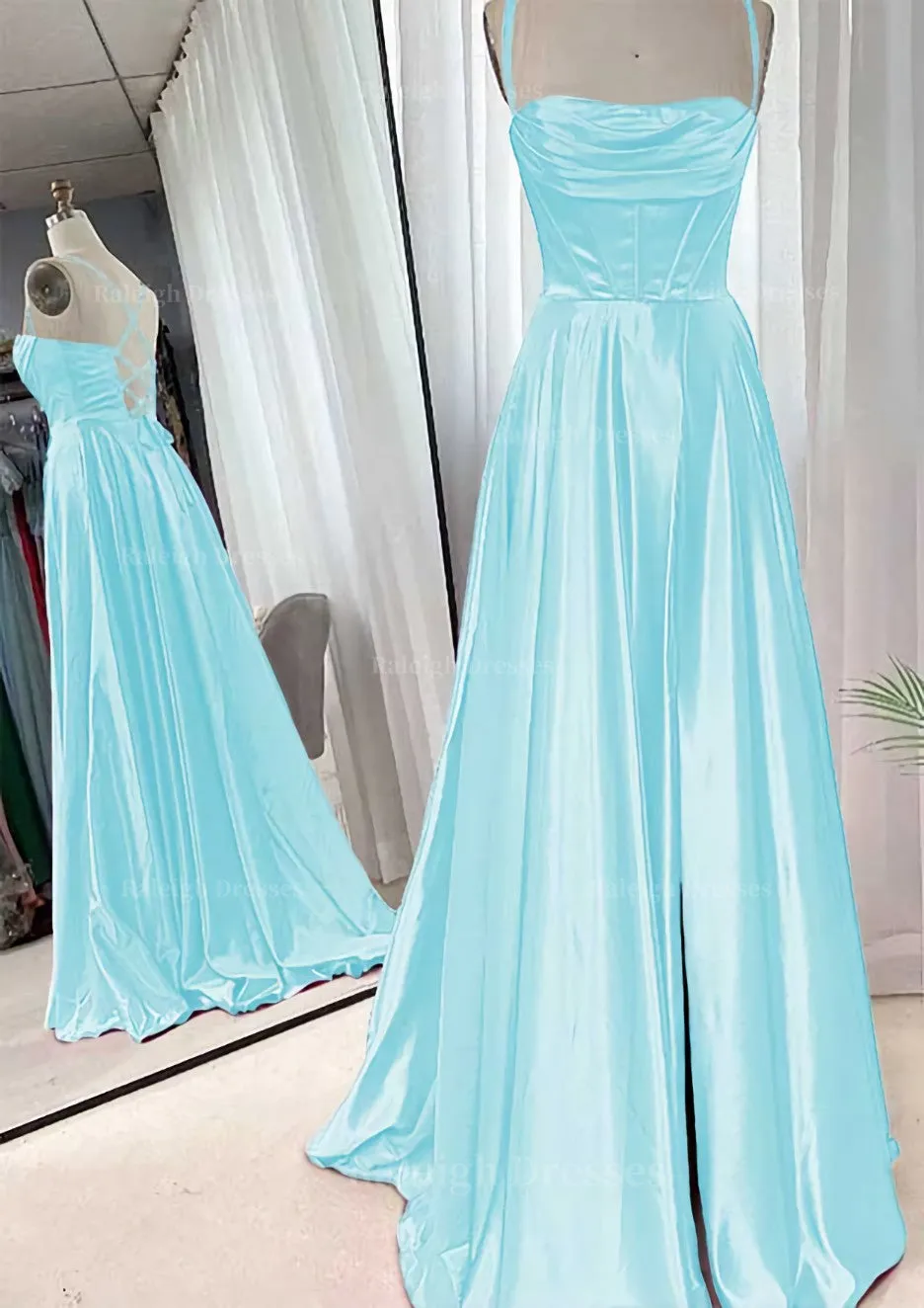 A-line Square Neckline Spaghetti Straps Sweep Train Charmeuse Prom Dress With Pleated