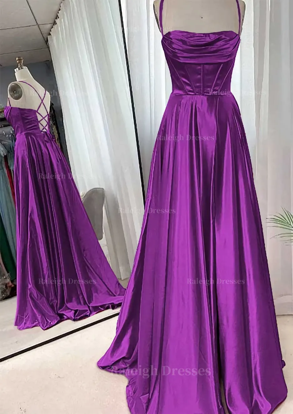 A-line Square Neckline Spaghetti Straps Sweep Train Charmeuse Prom Dress With Pleated