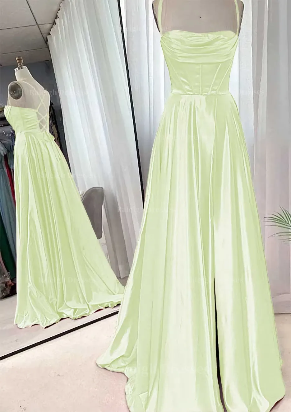 A-line Square Neckline Spaghetti Straps Sweep Train Charmeuse Prom Dress With Pleated