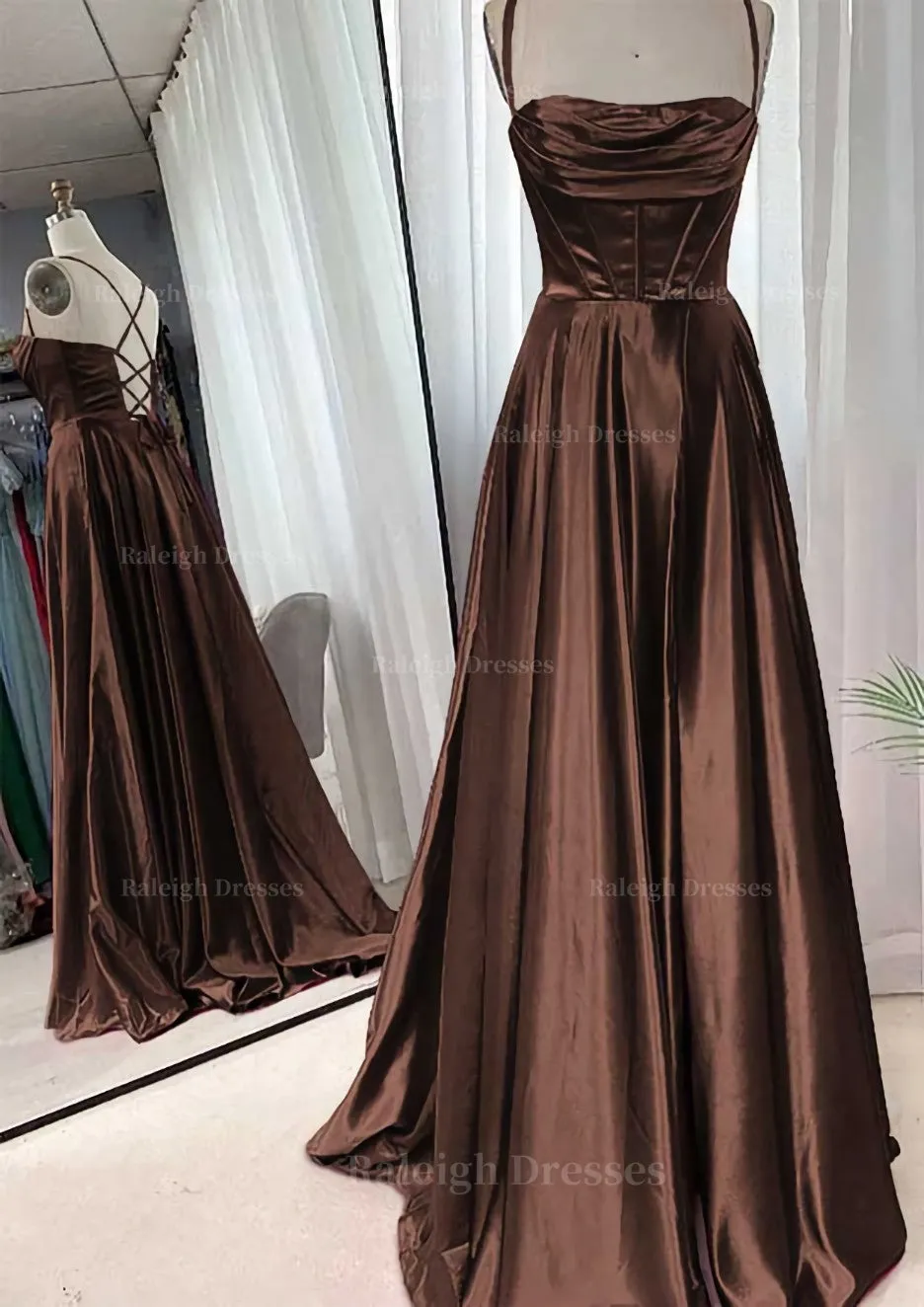 A-line Square Neckline Spaghetti Straps Sweep Train Charmeuse Prom Dress With Pleated