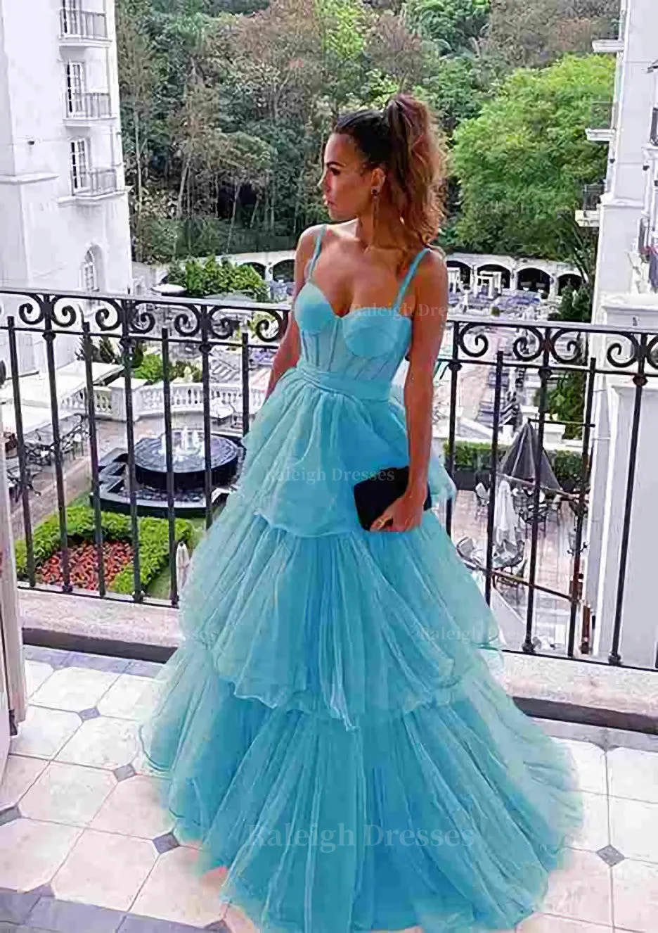 A-line Sweetheart Sleeveless Long/Floor-Length Tulle Prom Dress With Ruffles