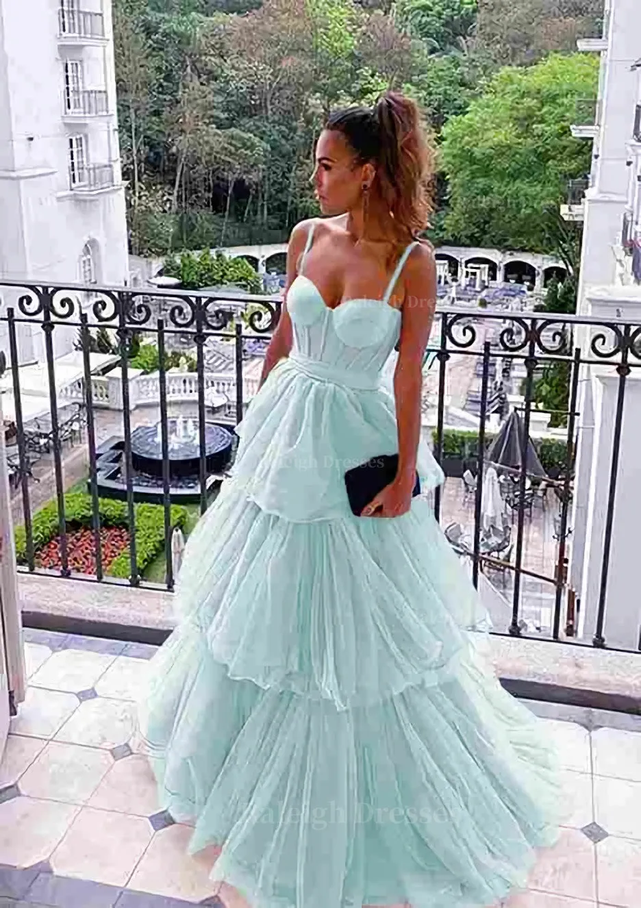 A-line Sweetheart Sleeveless Long/Floor-Length Tulle Prom Dress With Ruffles