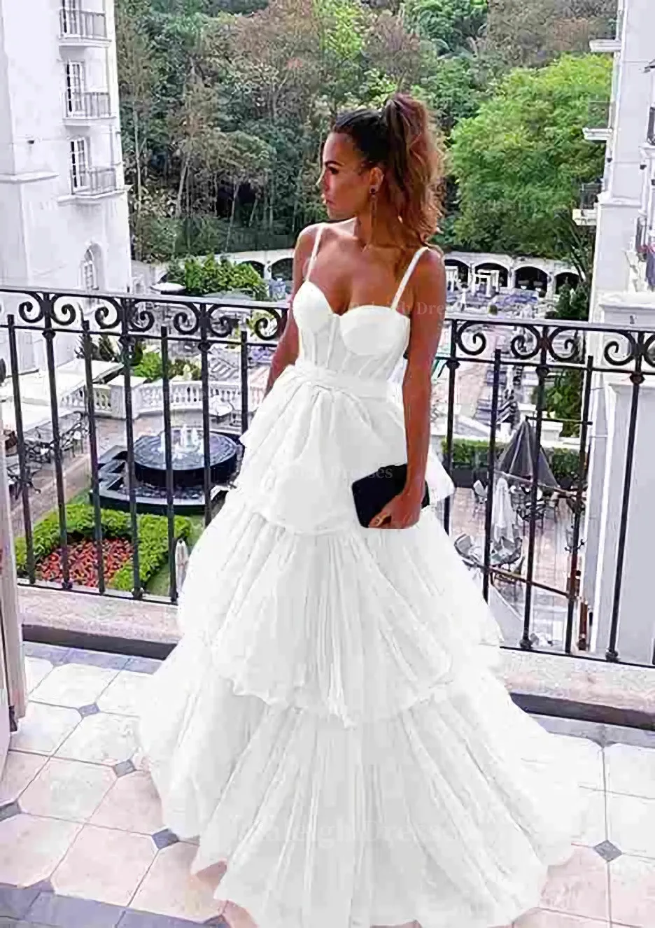 A-line Sweetheart Sleeveless Long/Floor-Length Tulle Prom Dress With Ruffles