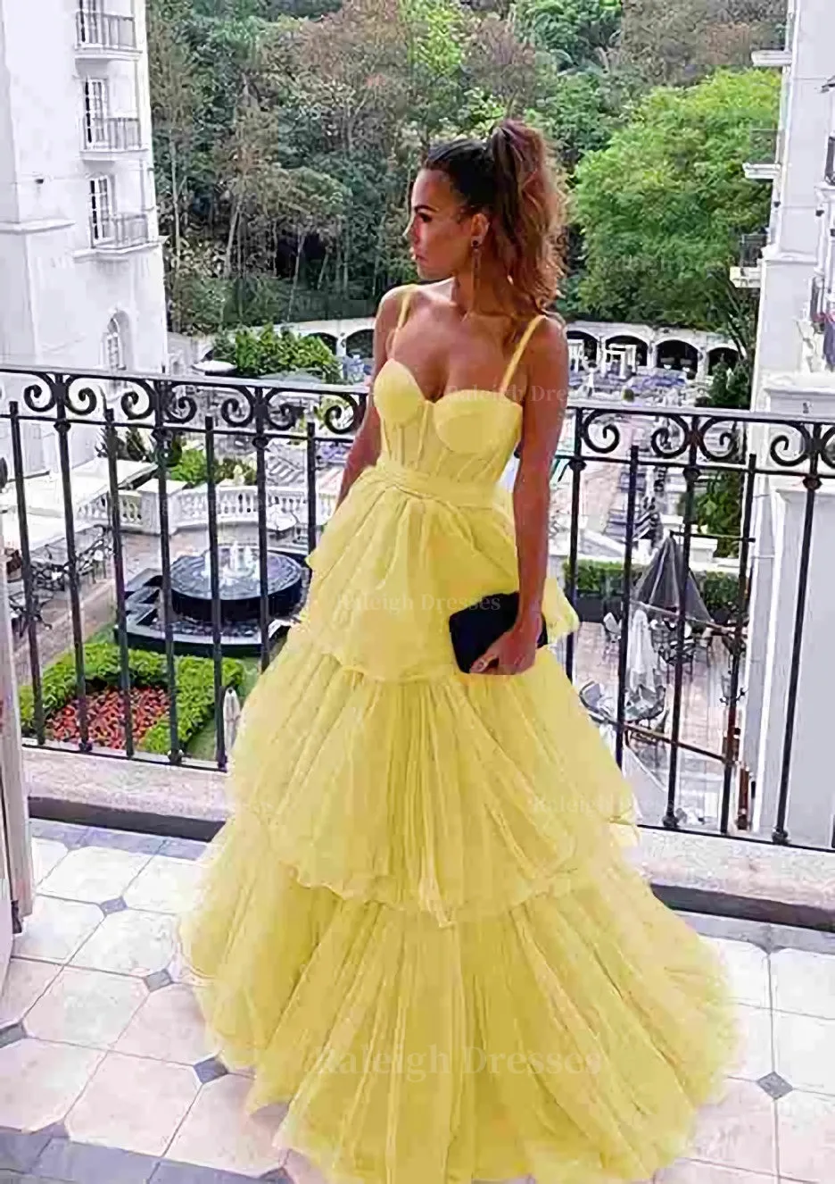 A-line Sweetheart Sleeveless Long/Floor-Length Tulle Prom Dress With Ruffles