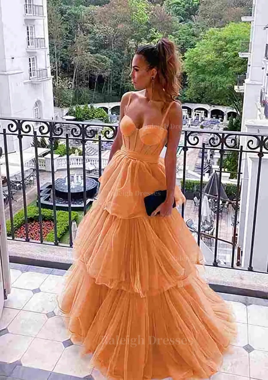 A-line Sweetheart Sleeveless Long/Floor-Length Tulle Prom Dress With Ruffles