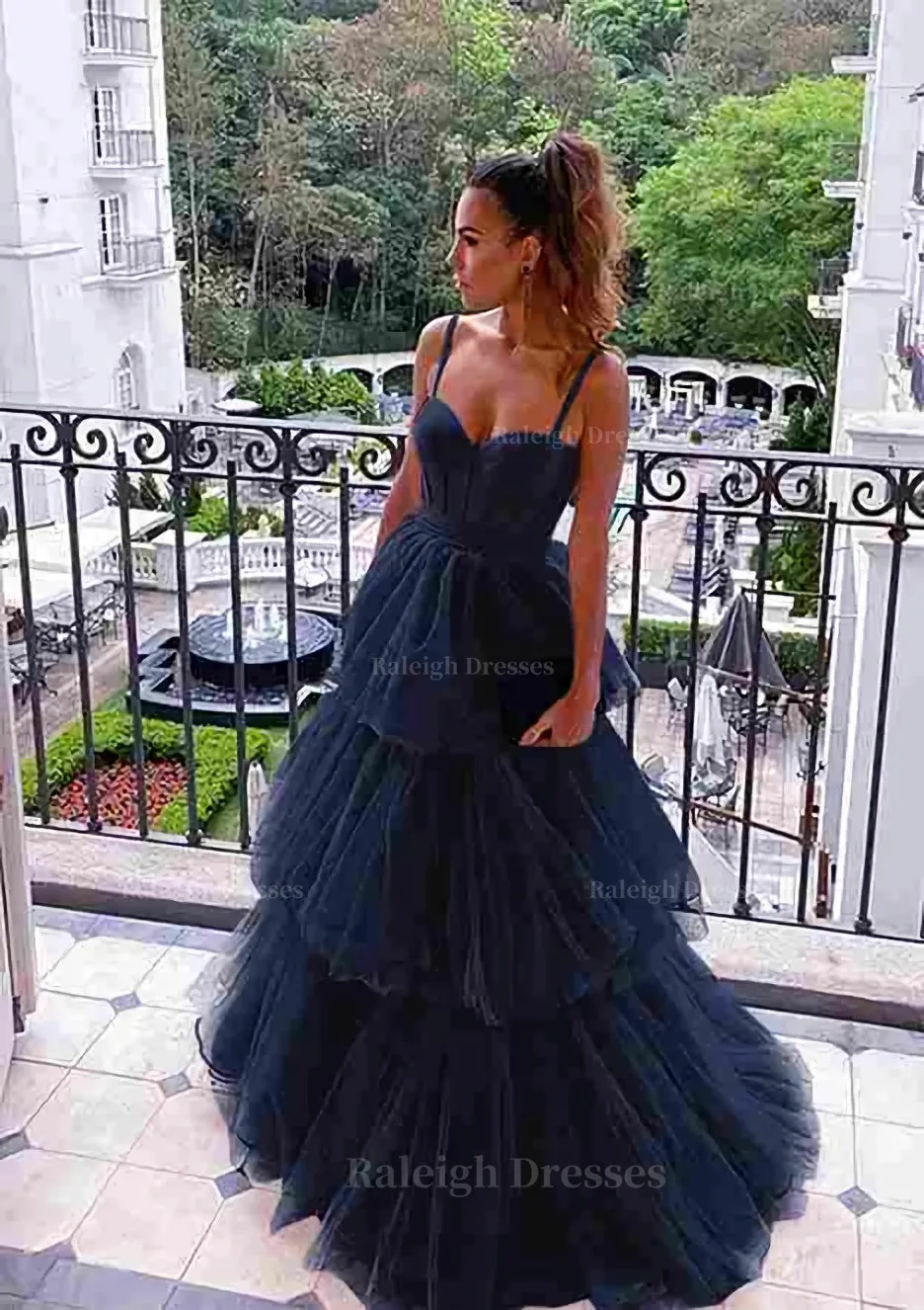 A-line Sweetheart Sleeveless Long/Floor-Length Tulle Prom Dress With Ruffles