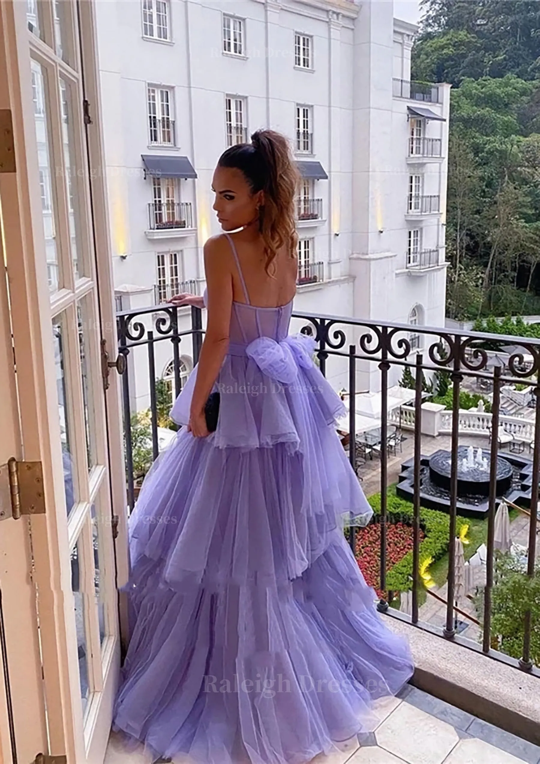 A-line Sweetheart Sleeveless Long/Floor-Length Tulle Prom Dress With Ruffles