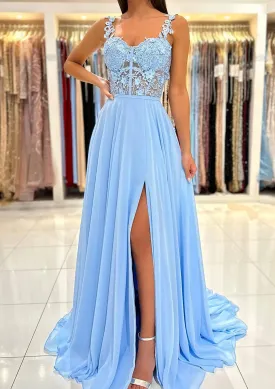 A-line Sweetheart Sleeveless Sweep Train Chiffon Prom Dress With Appliqued Split