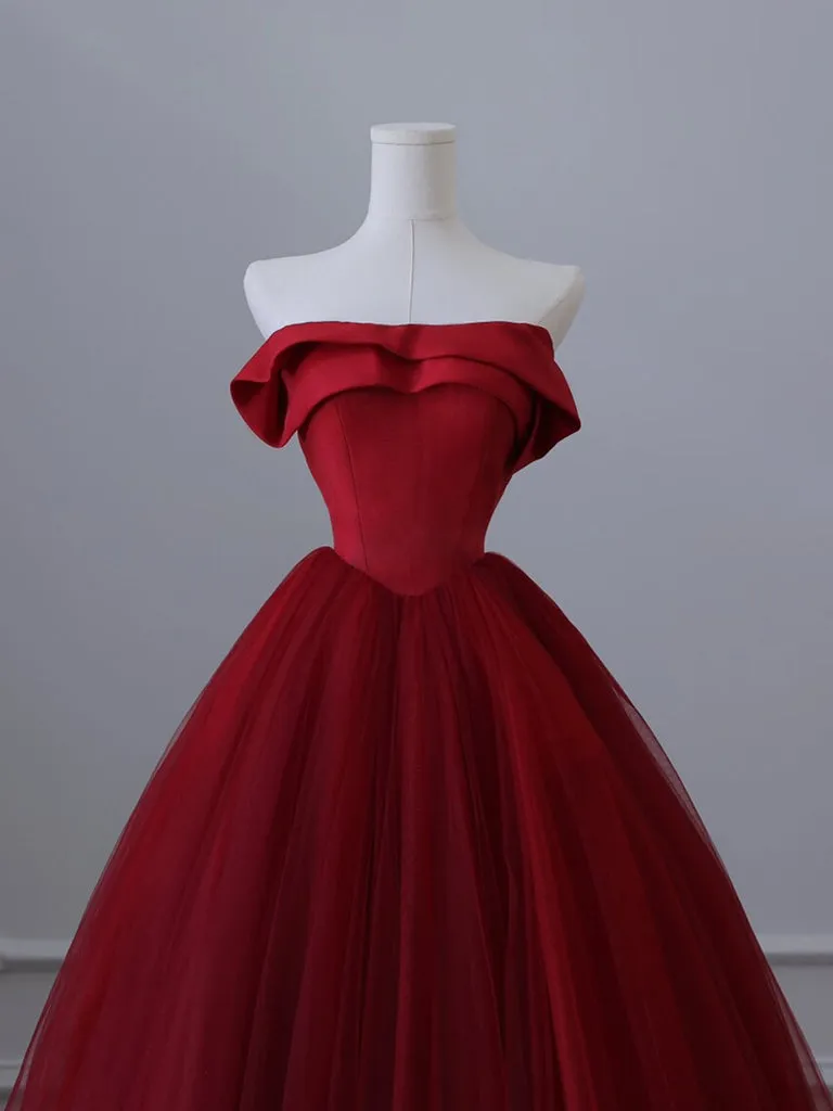 A-Line Tulle Burgundy Long Prom Dress, Burgundy Tulle Long Formal Dress