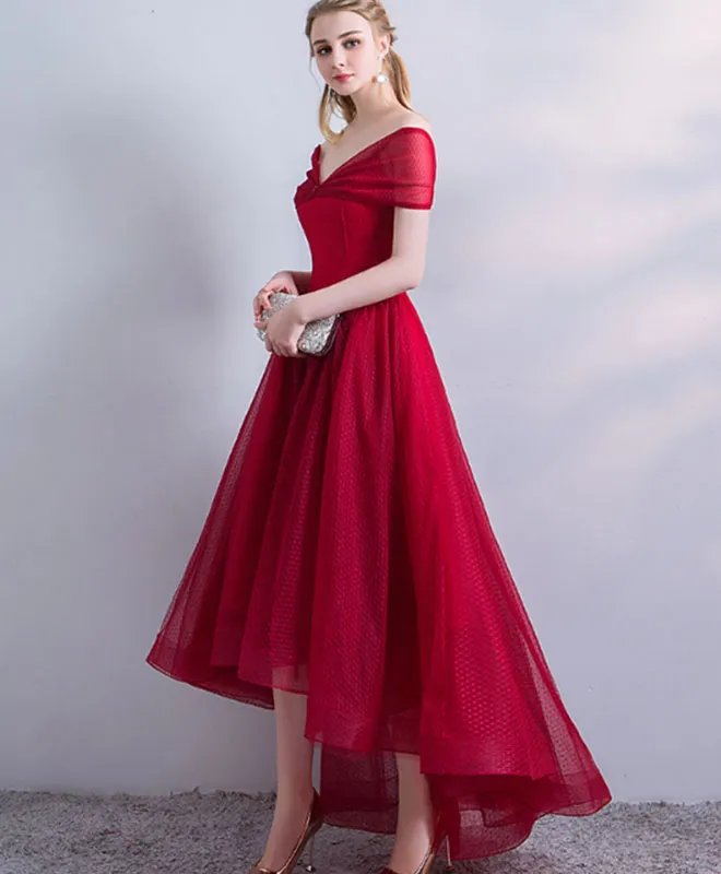 A Line V Neck High Low Burgundy Prom Dress, Burgundy Homecoming Dress