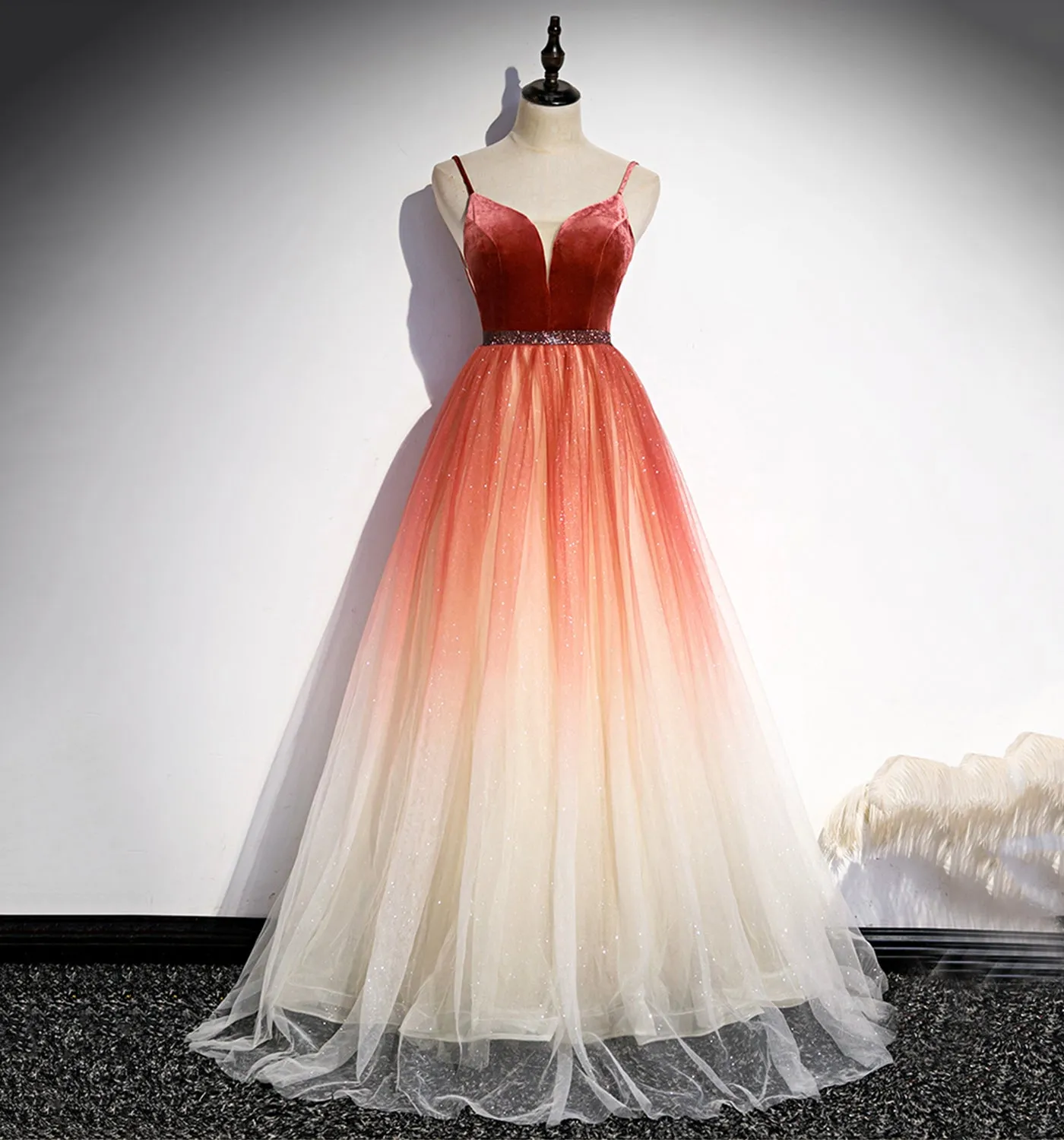 A line v neck tulle evening dress s74