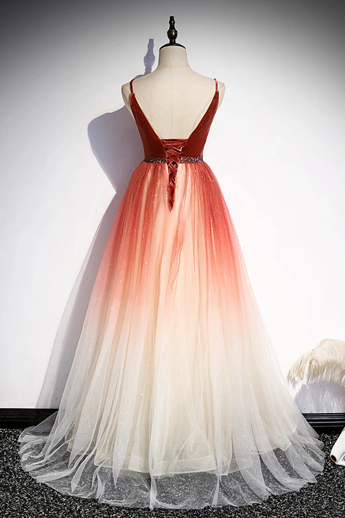 A line v neck tulle evening dress s74