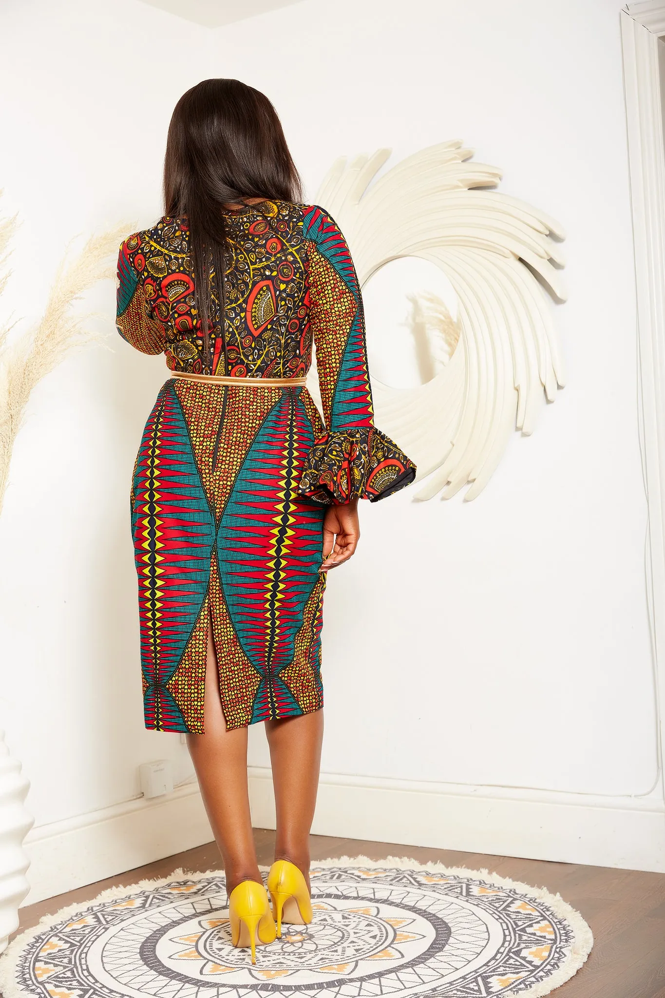 African Print Long Sleeve Pencil Midi Dress - Otega