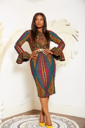 African Print Long Sleeve Pencil Midi Dress - Otega