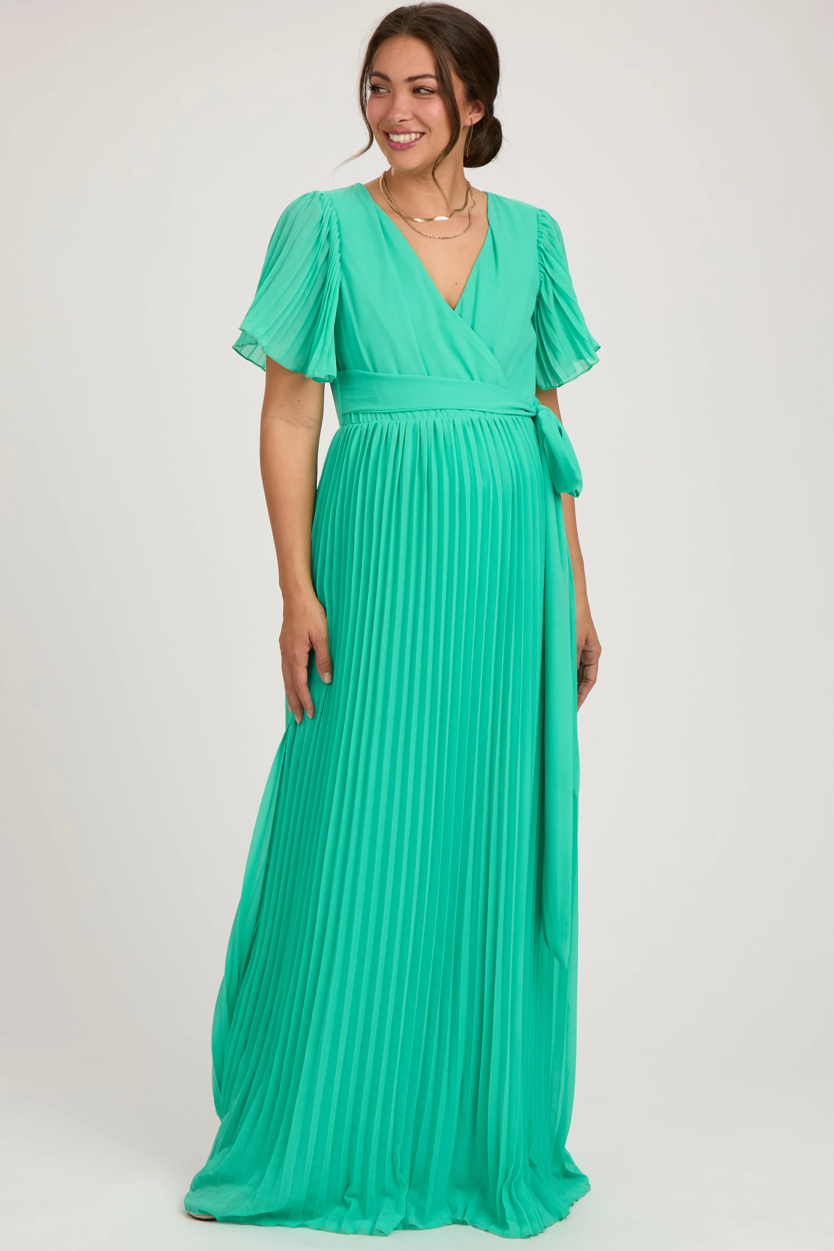 Aqua Chiffon Wrap Front V-Neck Short Sleeve Pleated Maternity Maxi Dress