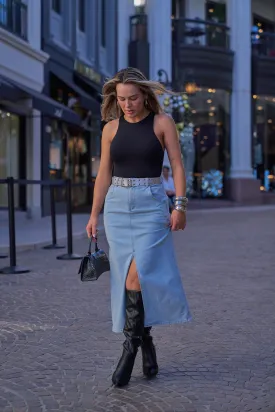 Belted Midi Denim Skirt