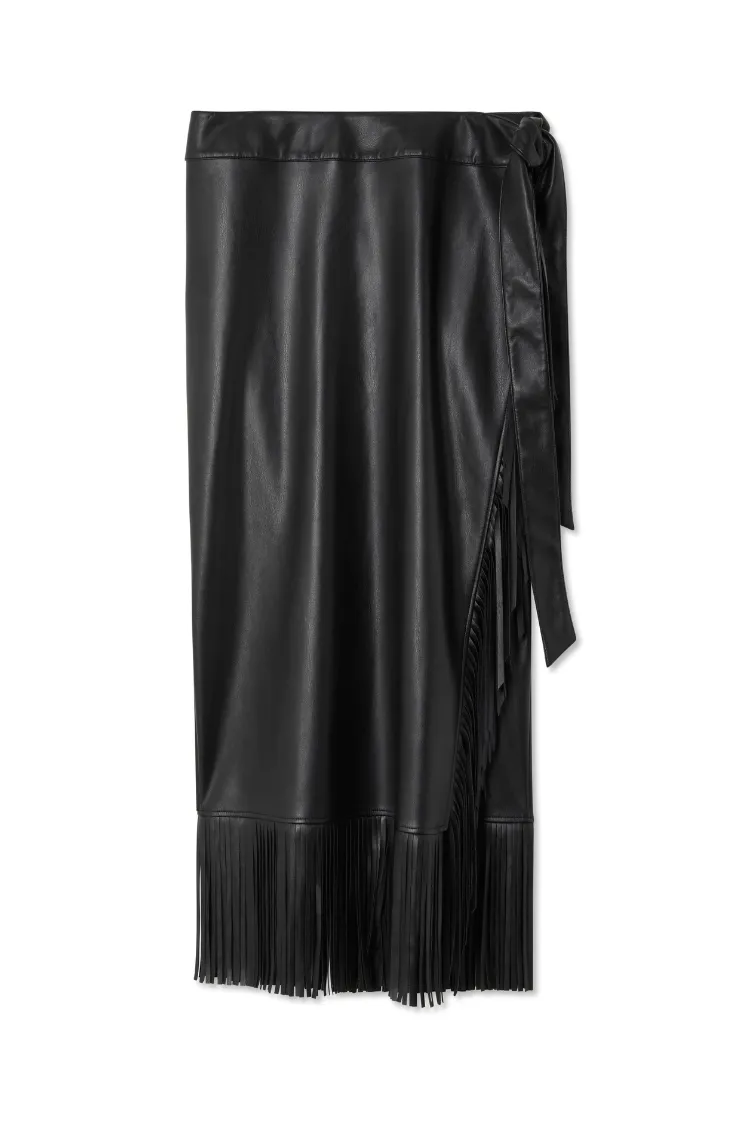 Black Vegan Leather Fringe Jaspre Skirt