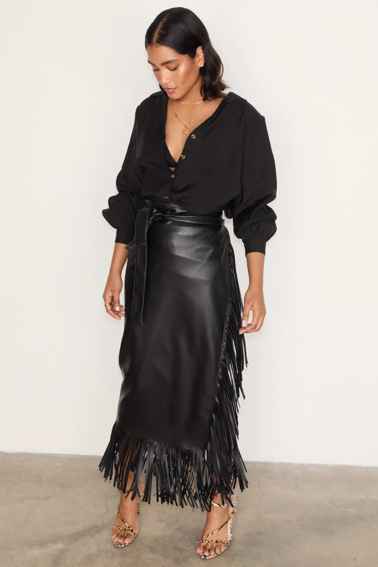 Black Vegan Leather Fringe Jaspre Skirt