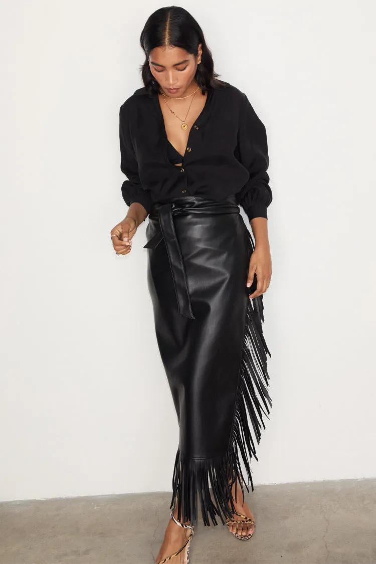 Black Vegan Leather Fringe Jaspre Skirt