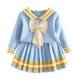 Blue & Occur Pleated Bow 2 pcs top & Skirt Winterwear set for Girls