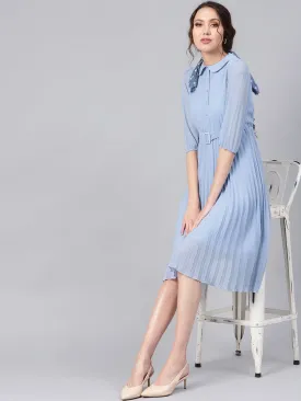 Blue Peterpan Pleated Belted Midi Dress