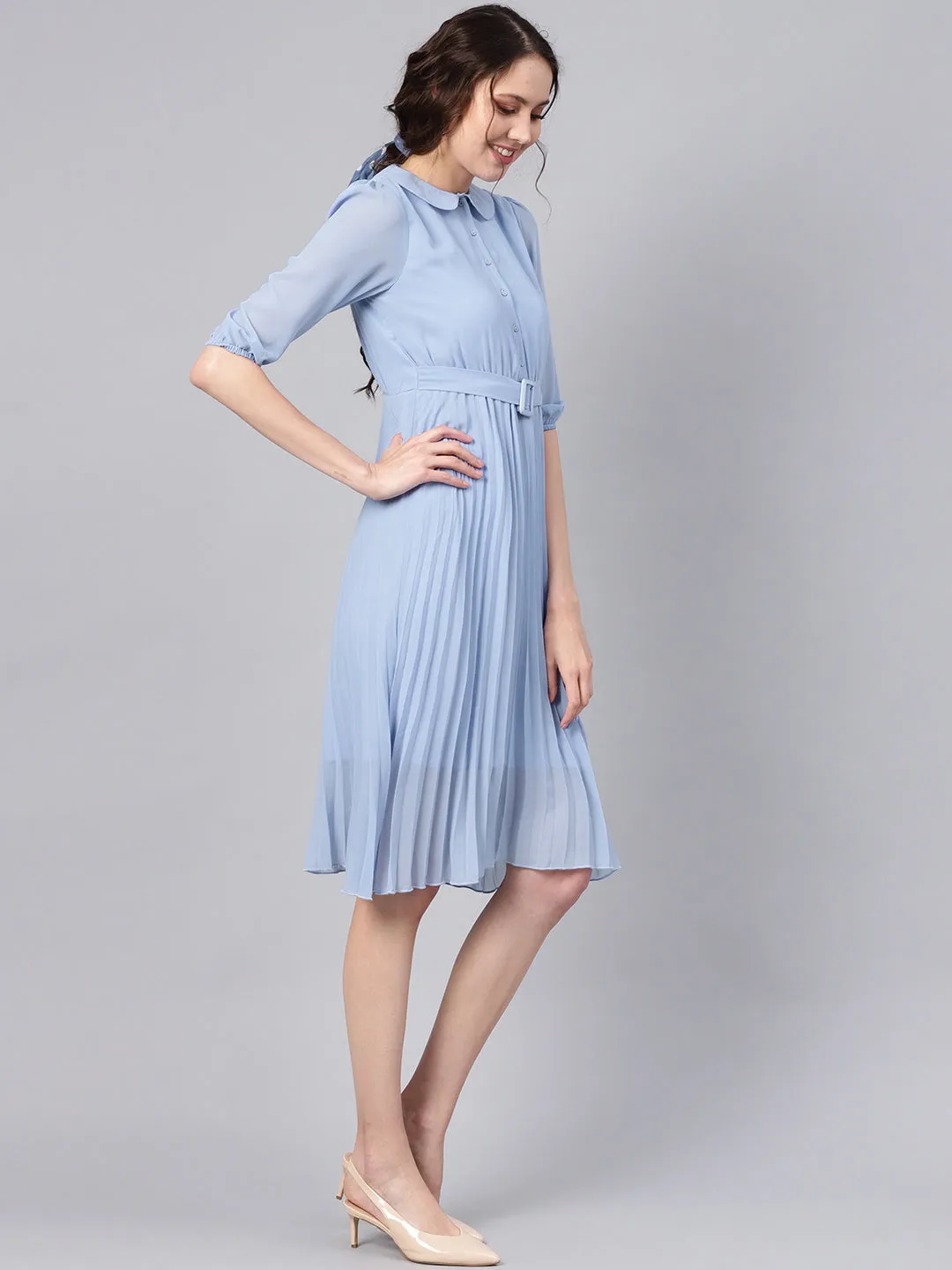 Blue Peterpan Pleated Belted Midi Dress