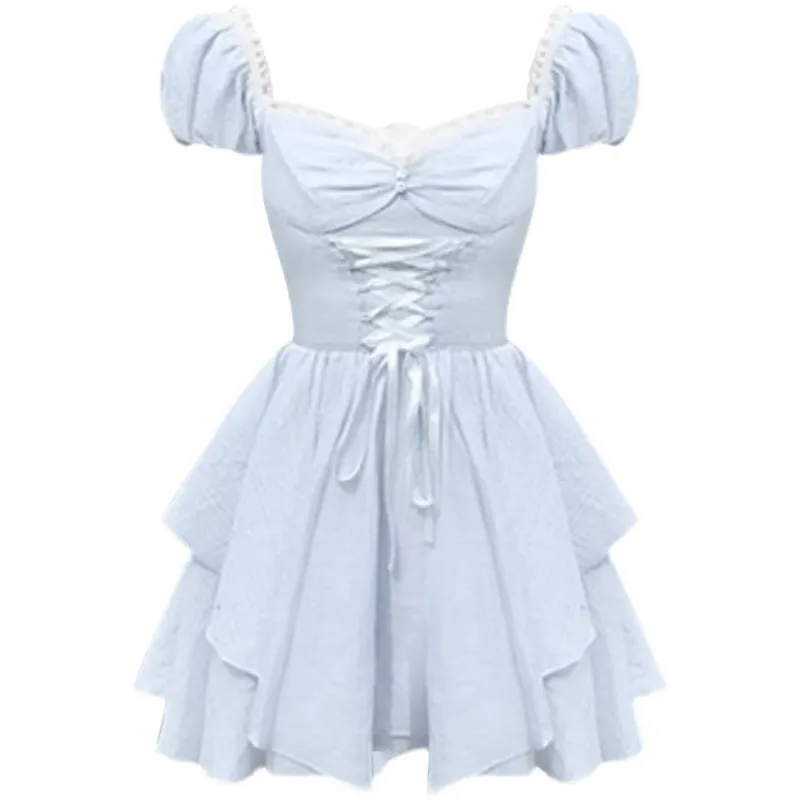 Blue Puff Sleeve Tie Princess Dress PL53366