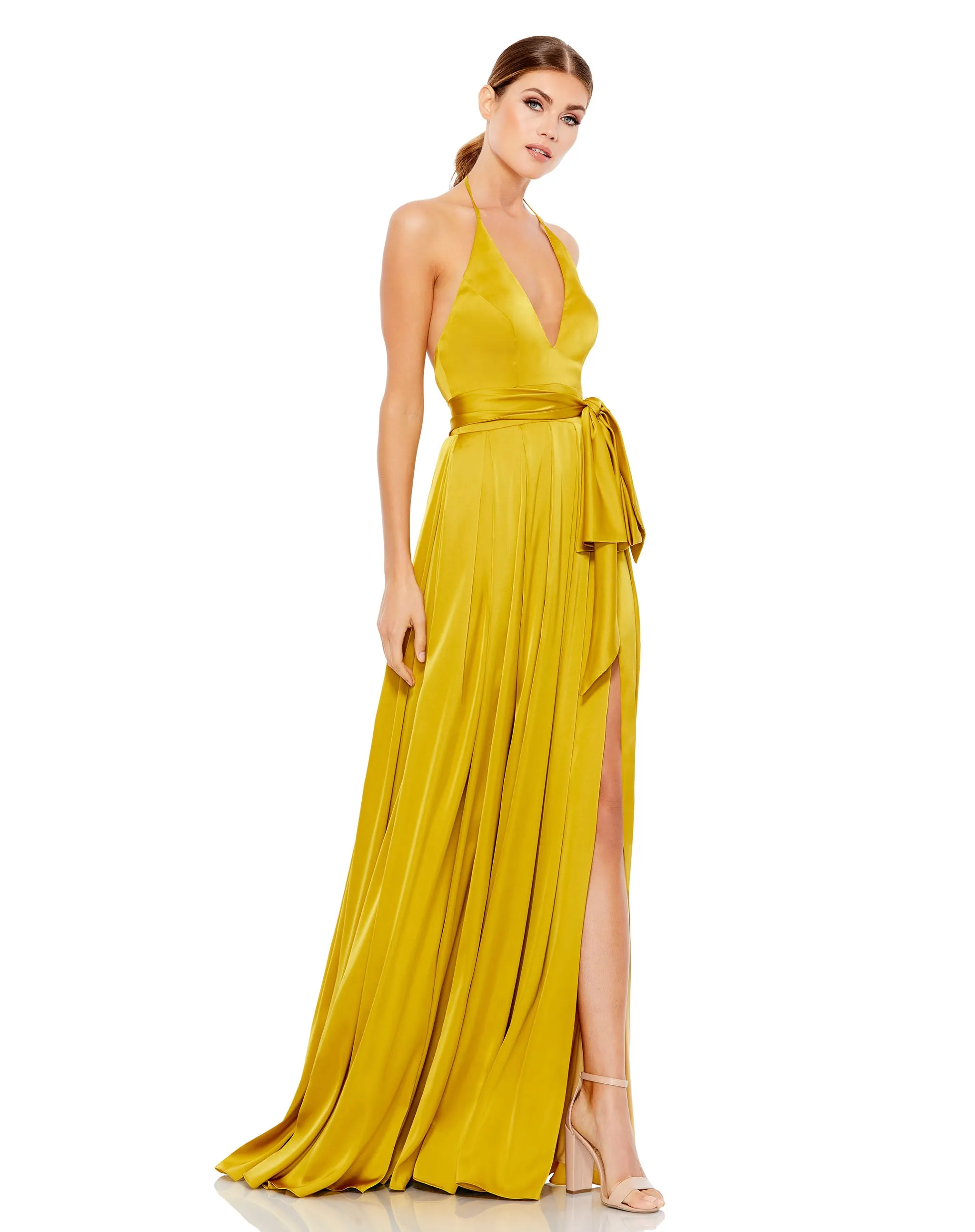 Charmeuse Halter Strap Soft Tie Waist Gown