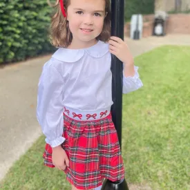 Christmas Plaid Girls Skirt with Embroidered Bows