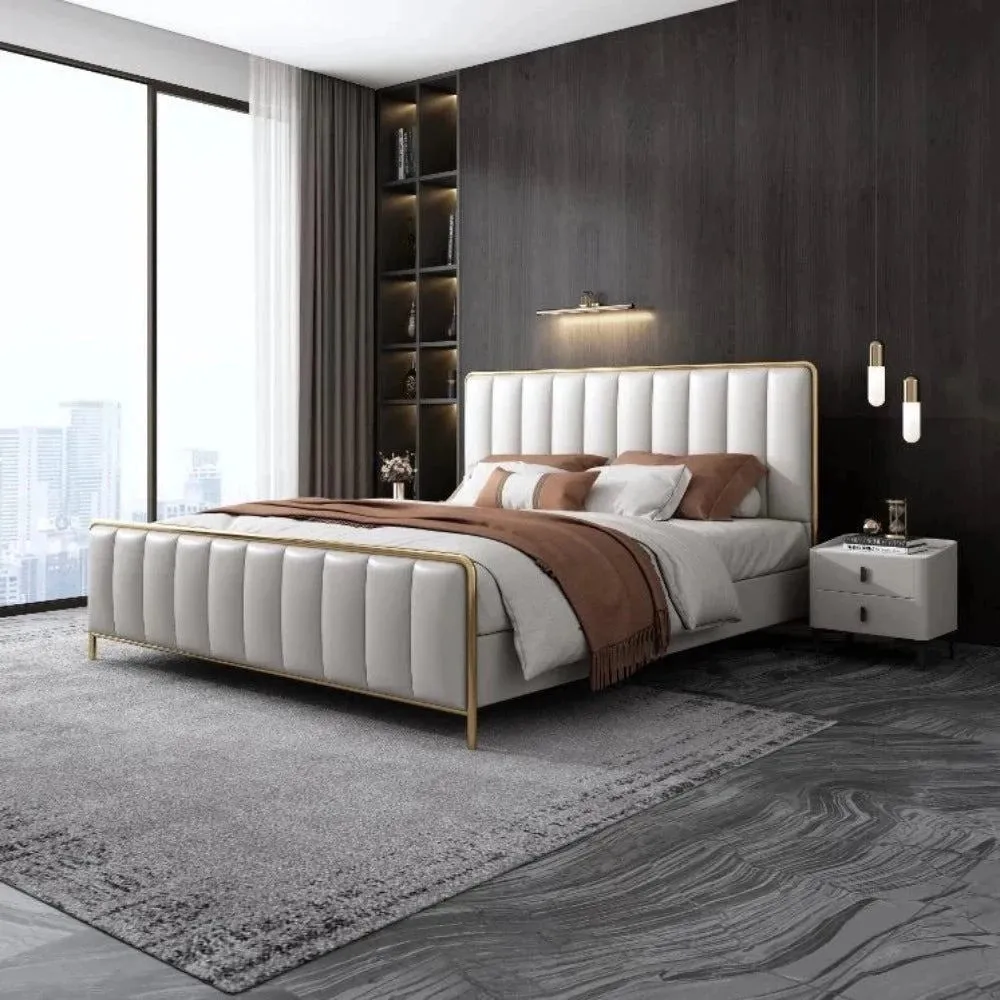 Eco Uniline Upholstered Luxury Bed With Storage In Off White Leatherette