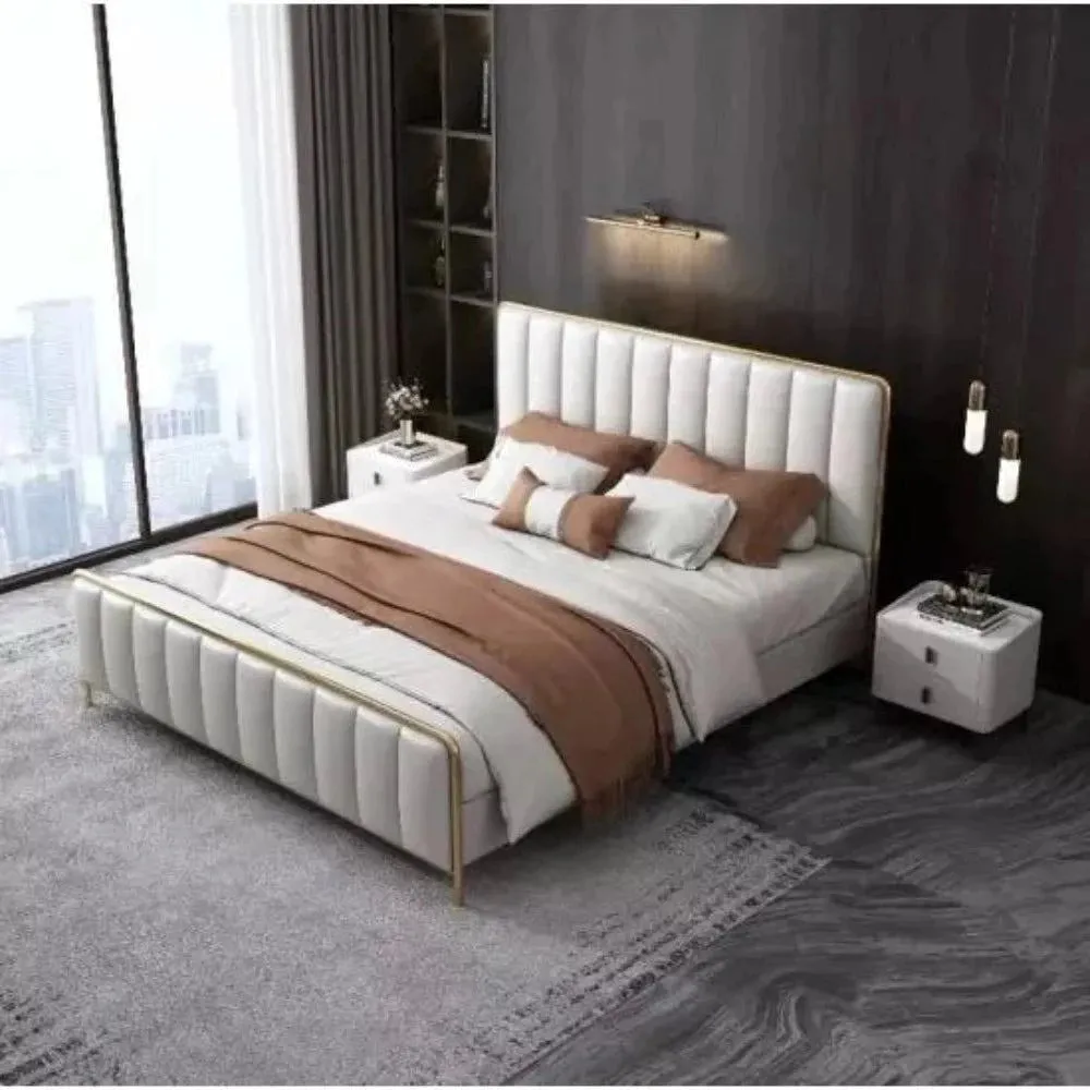 Eco Uniline Upholstered Luxury Bed With Storage In Off White Leatherette