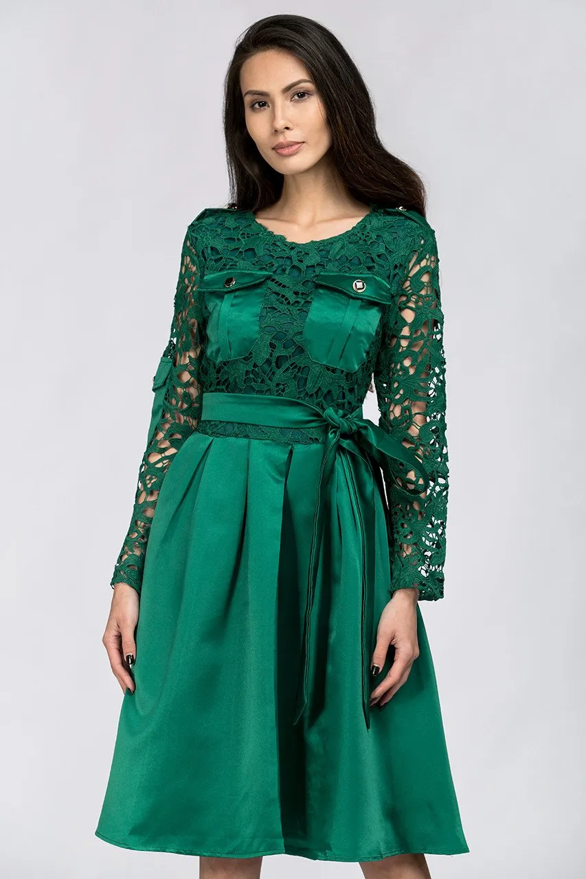 Emerald Green Sleeved Lace and Satin Midi Dress