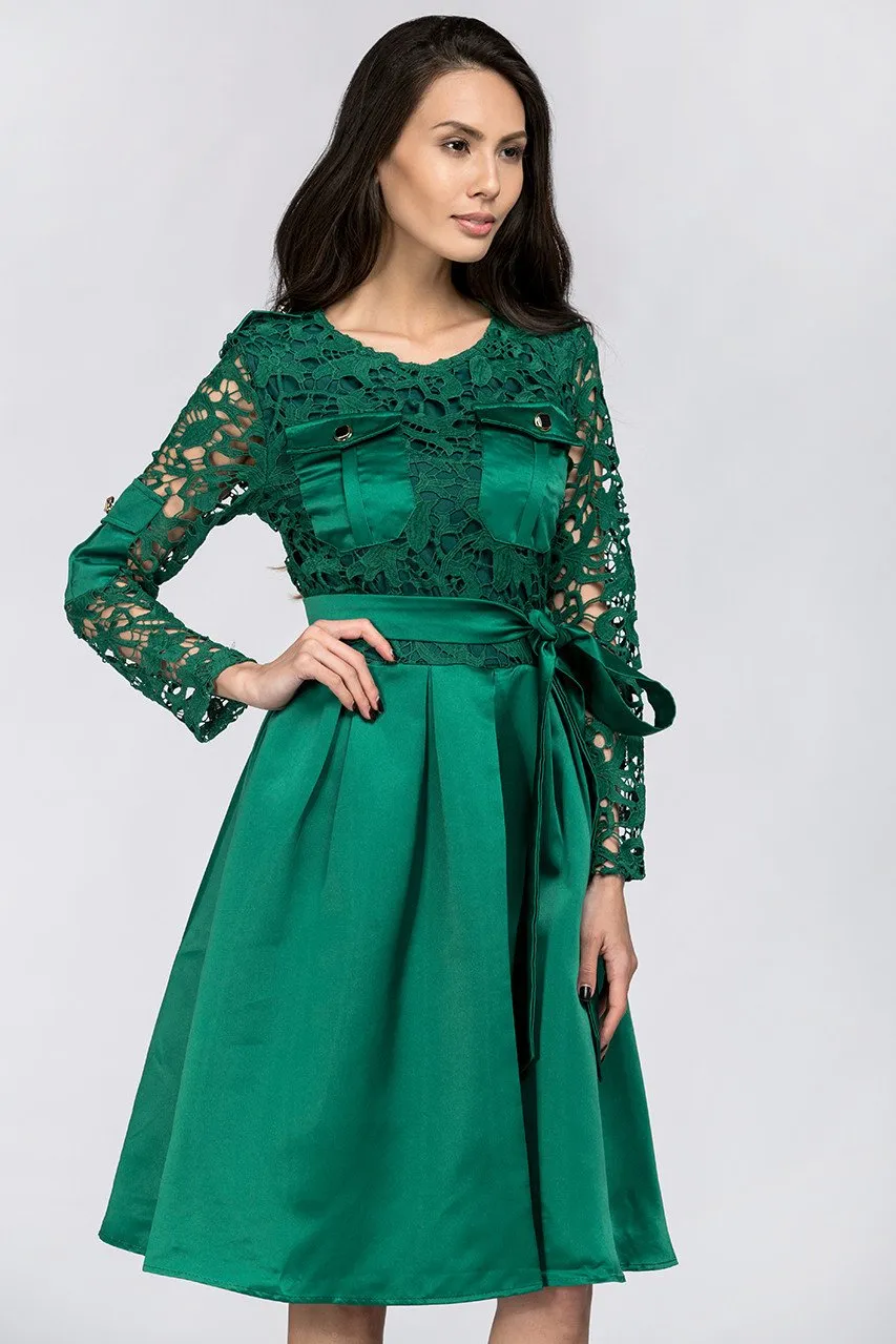 Emerald Green Sleeved Lace and Satin Midi Dress