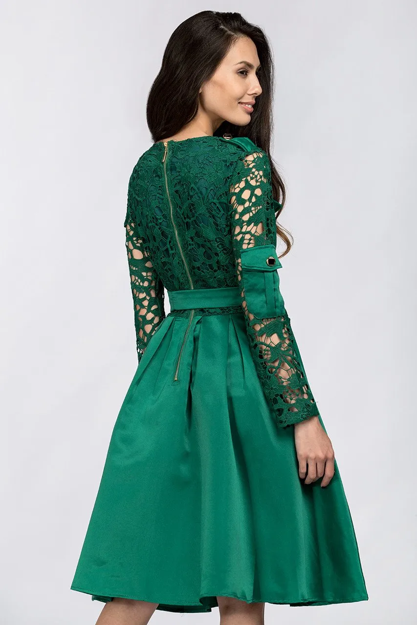 Emerald Green Sleeved Lace and Satin Midi Dress