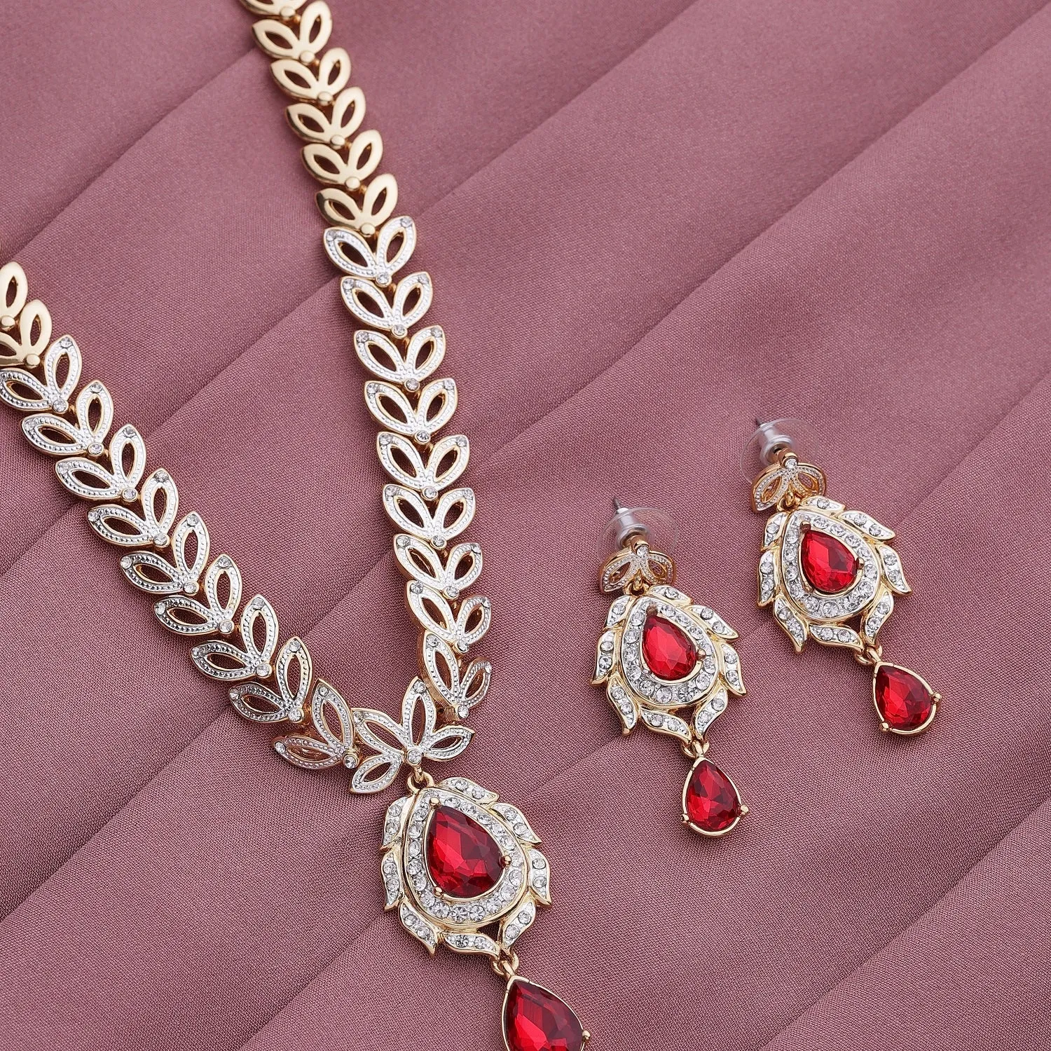 Estele 24 KT Gold Plated Trendy and Fancy Designer Necklace Set with Ruby Stone for Women