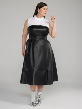 Faux Leather 2fer Belted Midi Dress