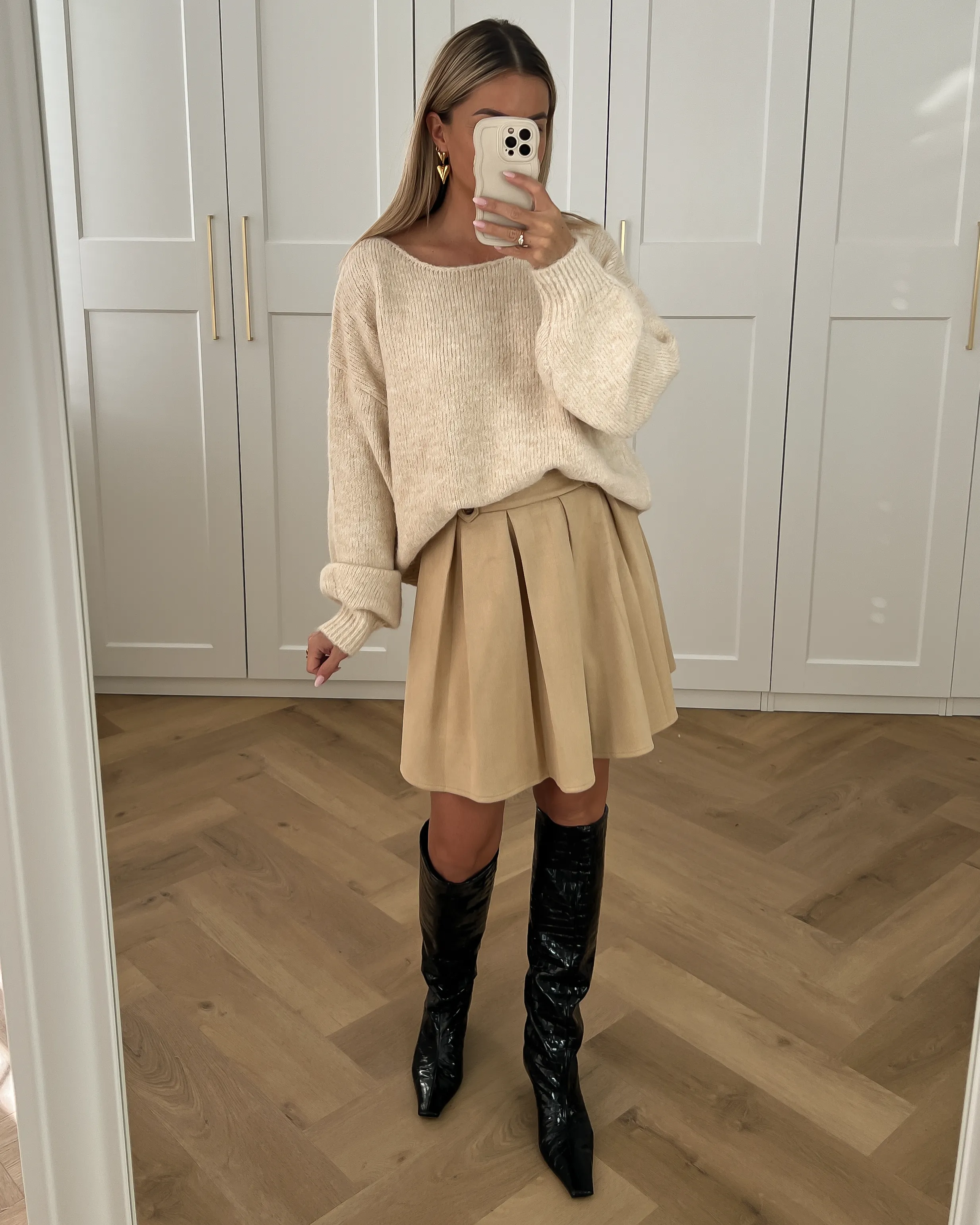 FIONA - Faux Suede Pleated Skirt in Beige