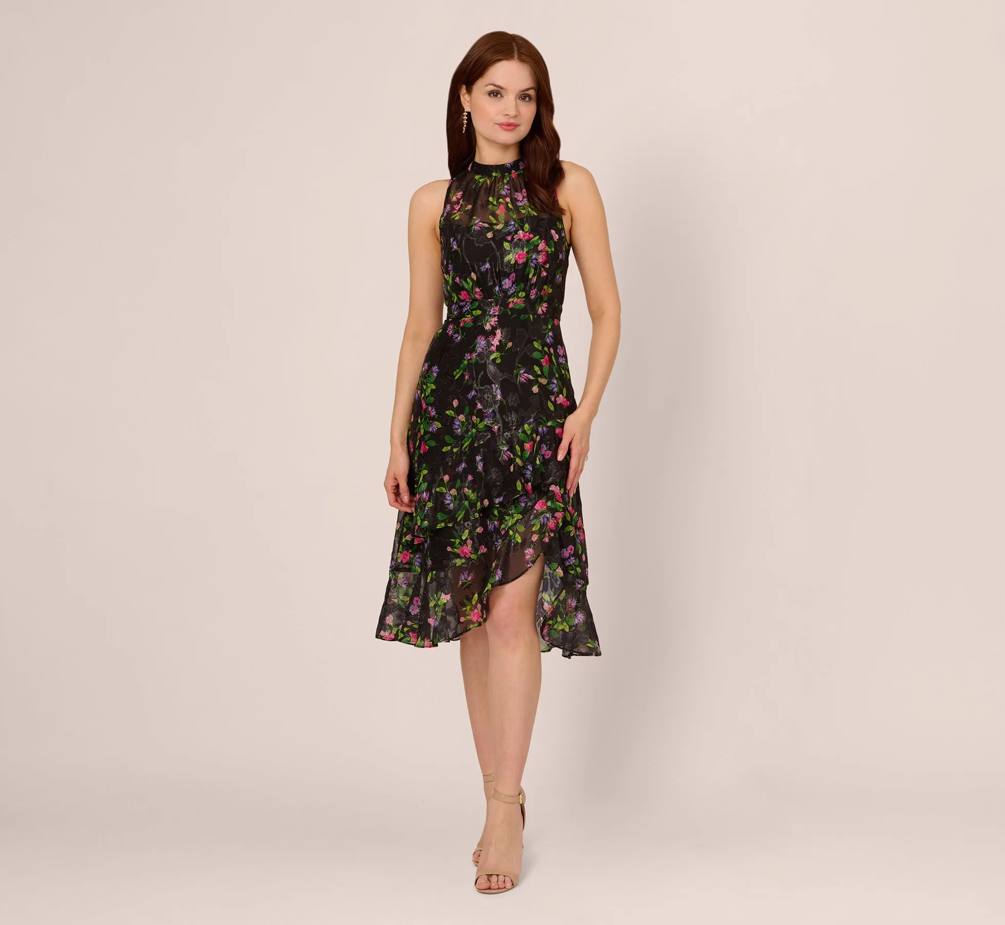 Floral Chiffon Halter Midi Dress With Flounce Hem In Black Multi