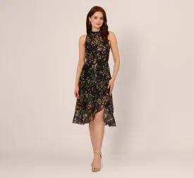 Floral Chiffon Halter Midi Dress With Flounce Hem In Black Multi