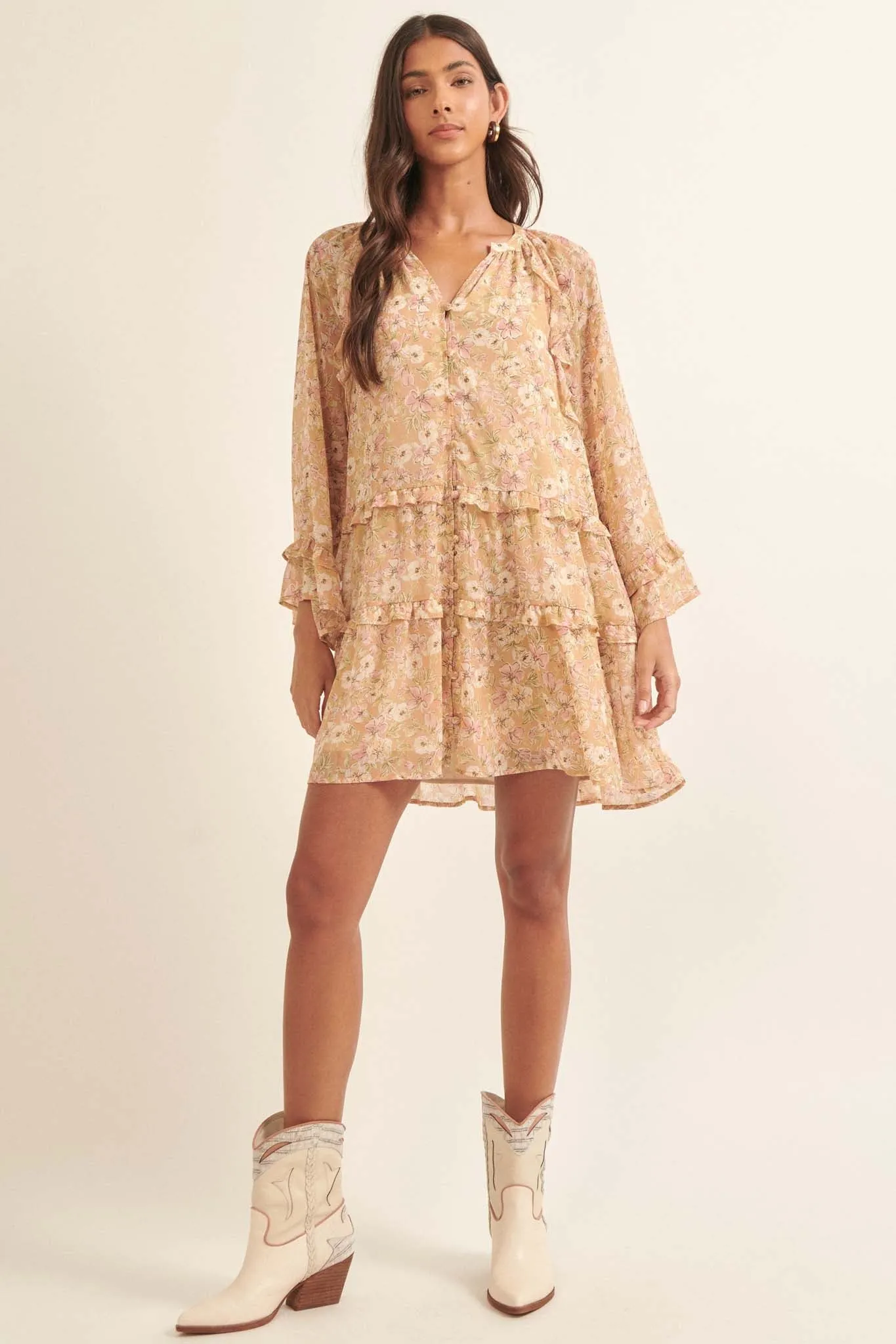 Floral Frolic Ruffled Chiffon Babydoll Mini Dress