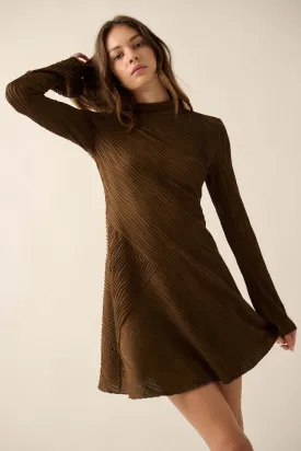 Flow Motion Elegant Ribbed-Knit Mini Dress with Wavy Pattern and Mock-Neck Design