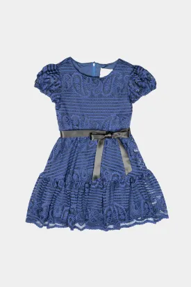 Girls Short Sleeve Crochet Edge Trim & Belt Lace Dress