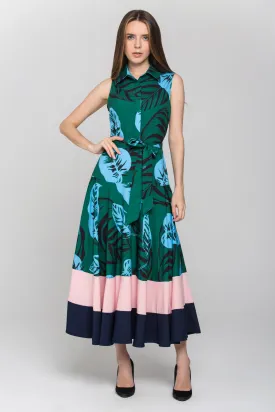 Green Leaf Print Color Block Panel Maxi Dress