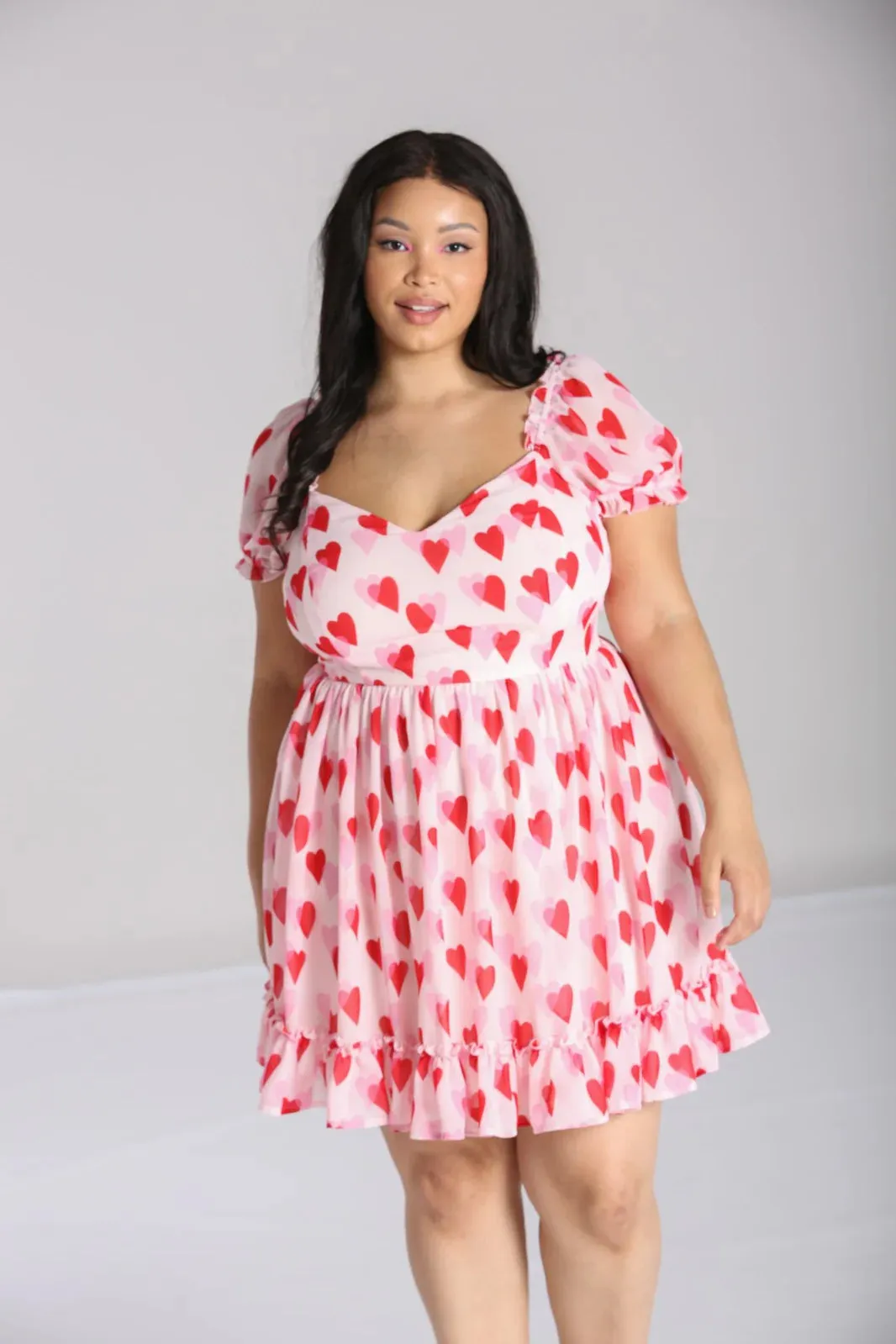 Hell Bunny Aphrodite Mini Dress Floaty Pink Chiffon with Heart Print