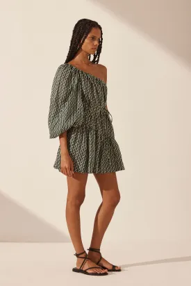 IDA LINEN LONG SLEEVE ONE SHOULDER TIERED MINI DRESS