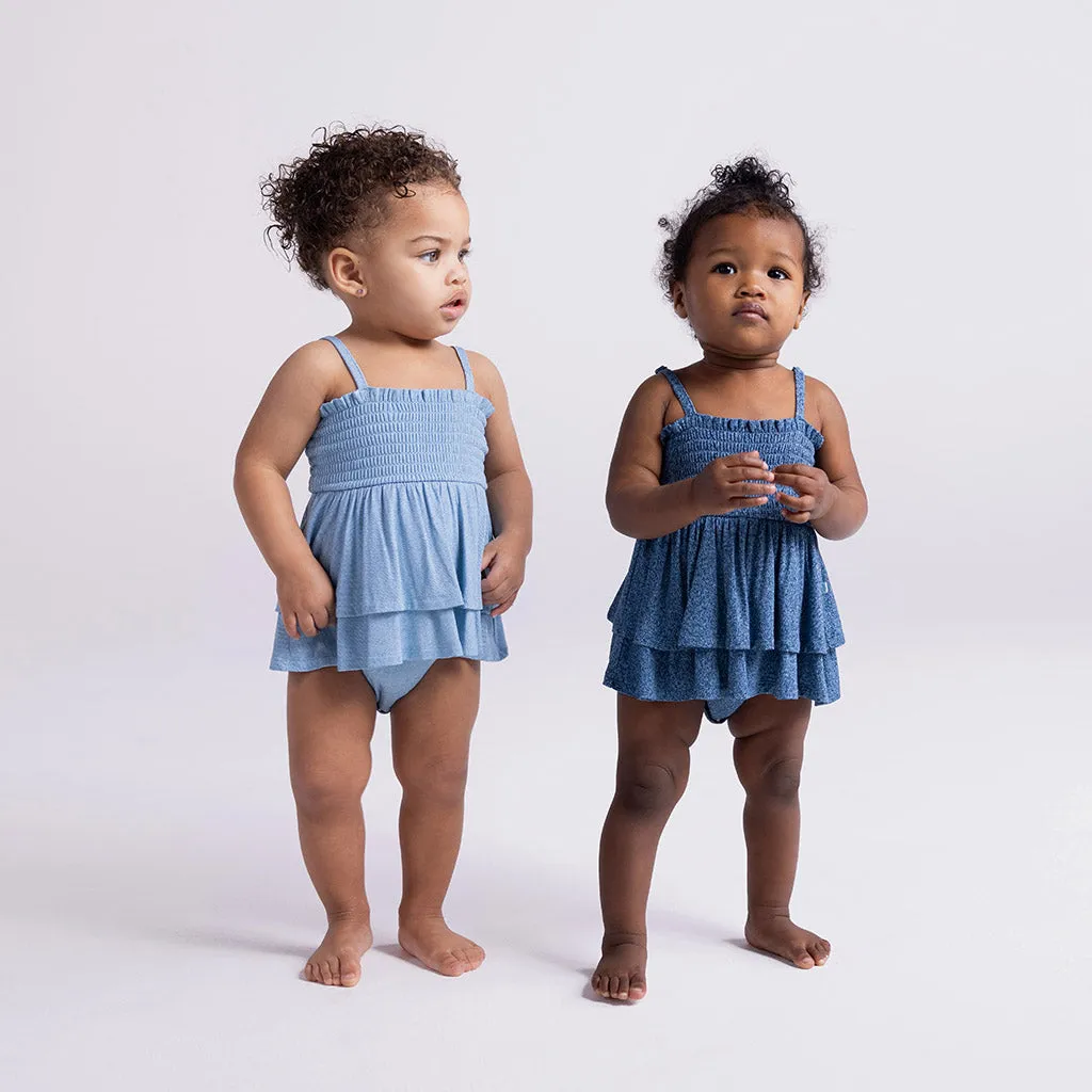 Indigo Denim Smocked Tiered Bodysuit Dress