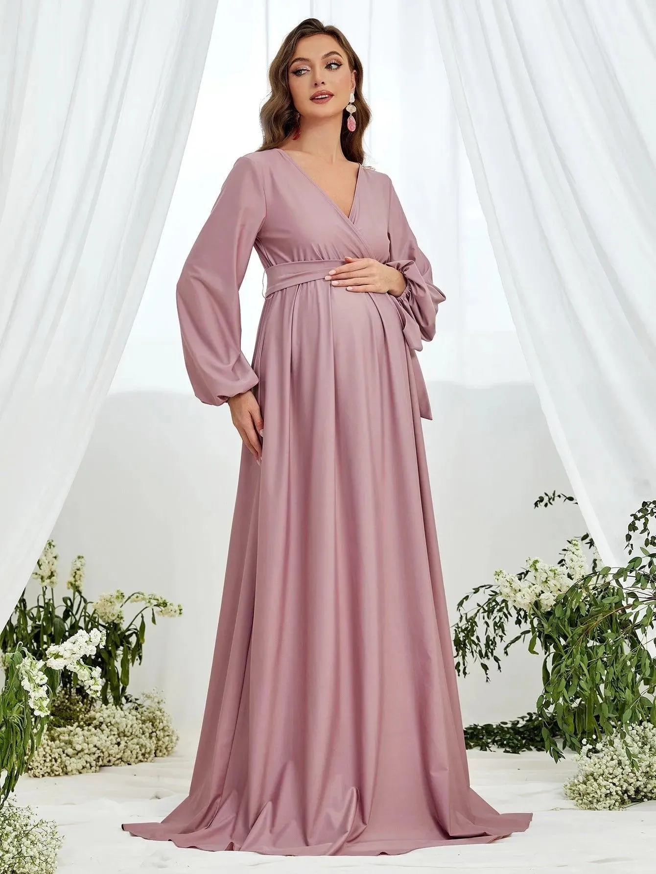 Maternity Surplice Neck A  Line Belted Dress