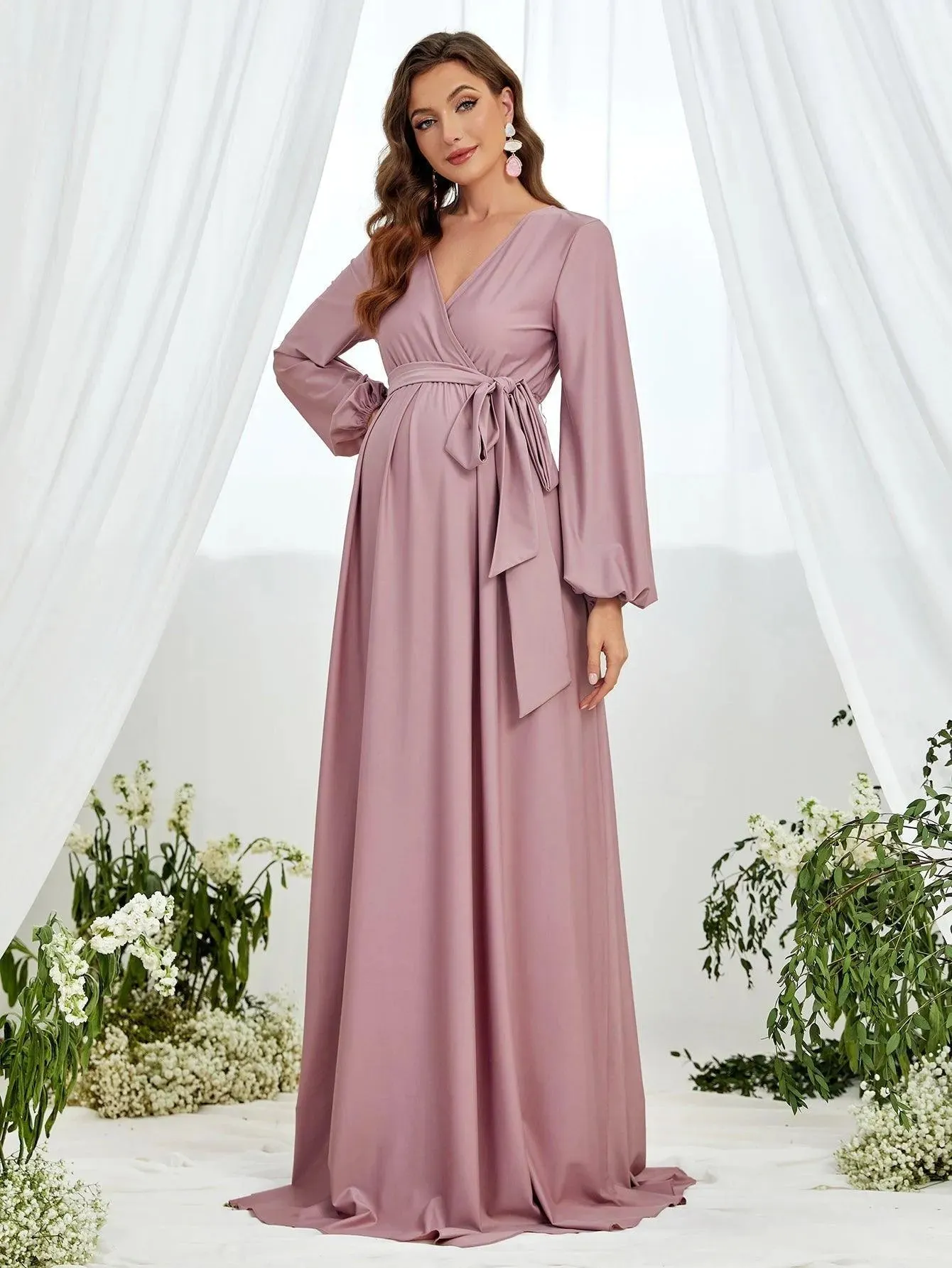 Maternity Surplice Neck A  Line Belted Dress