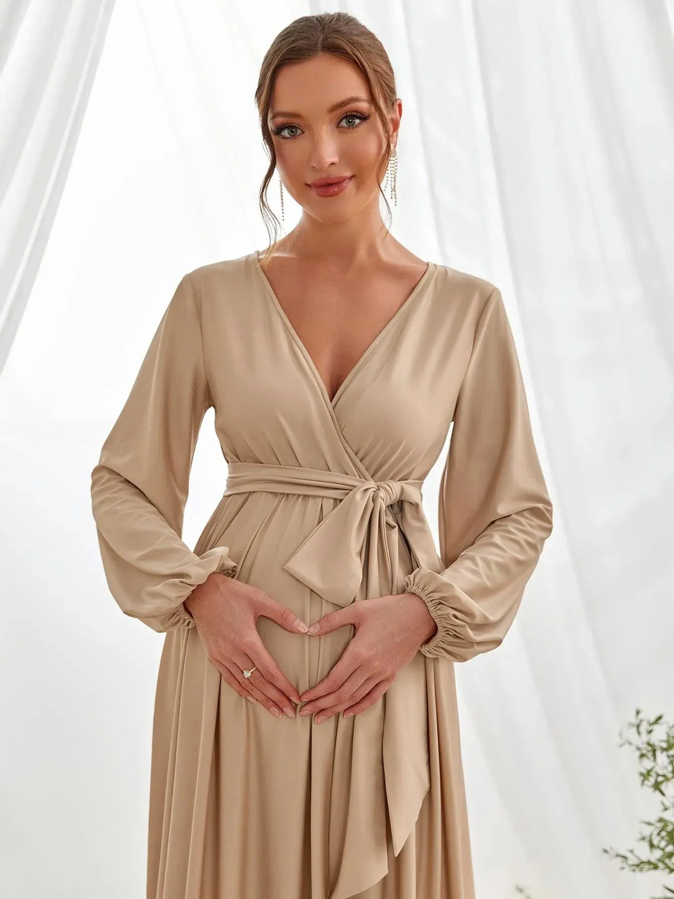 Maternity Surplice Neck A  Line Belted Dress