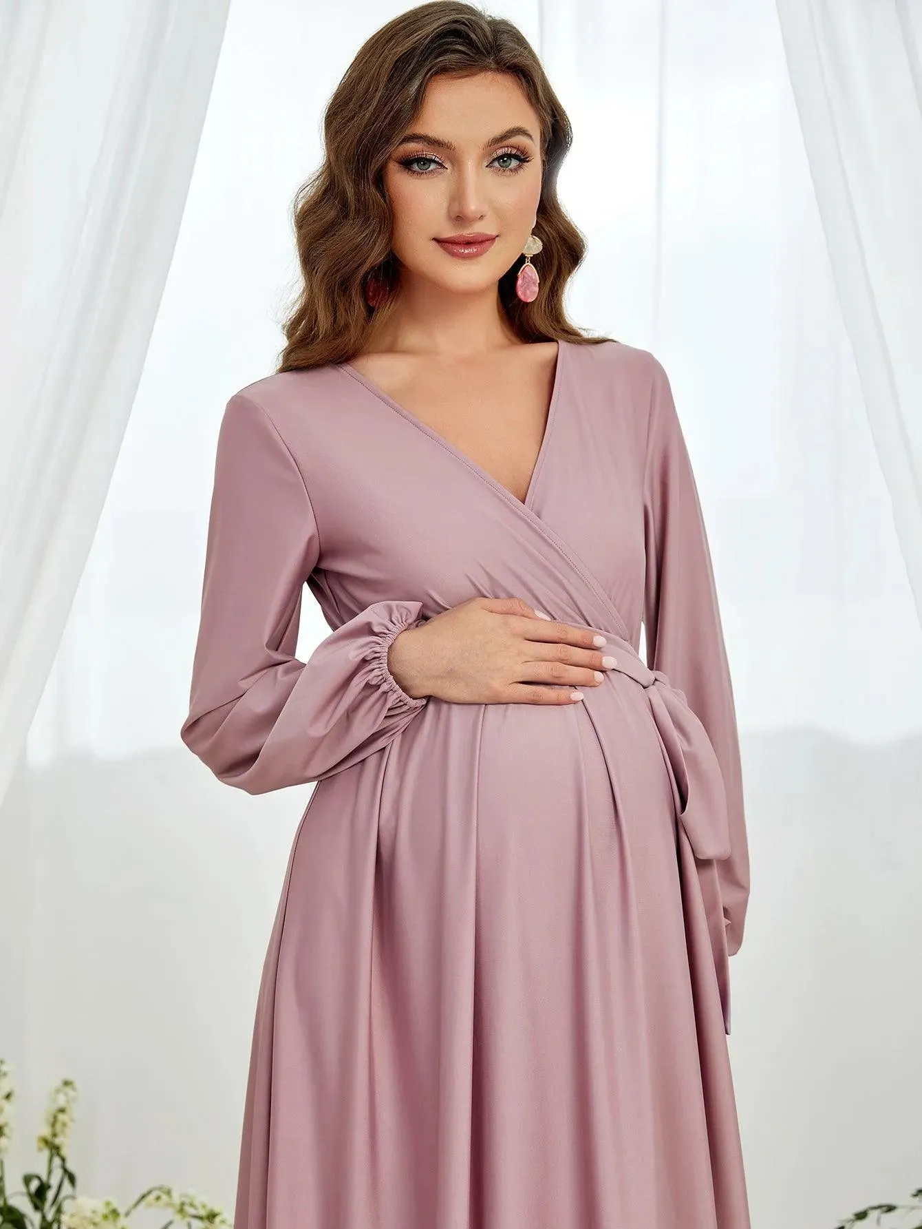 Maternity Surplice Neck A  Line Belted Dress